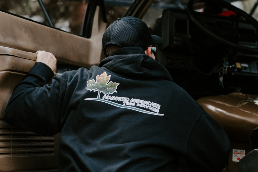 Arborist wearing a black hoodie with a custom tree-service logo printed on the back
