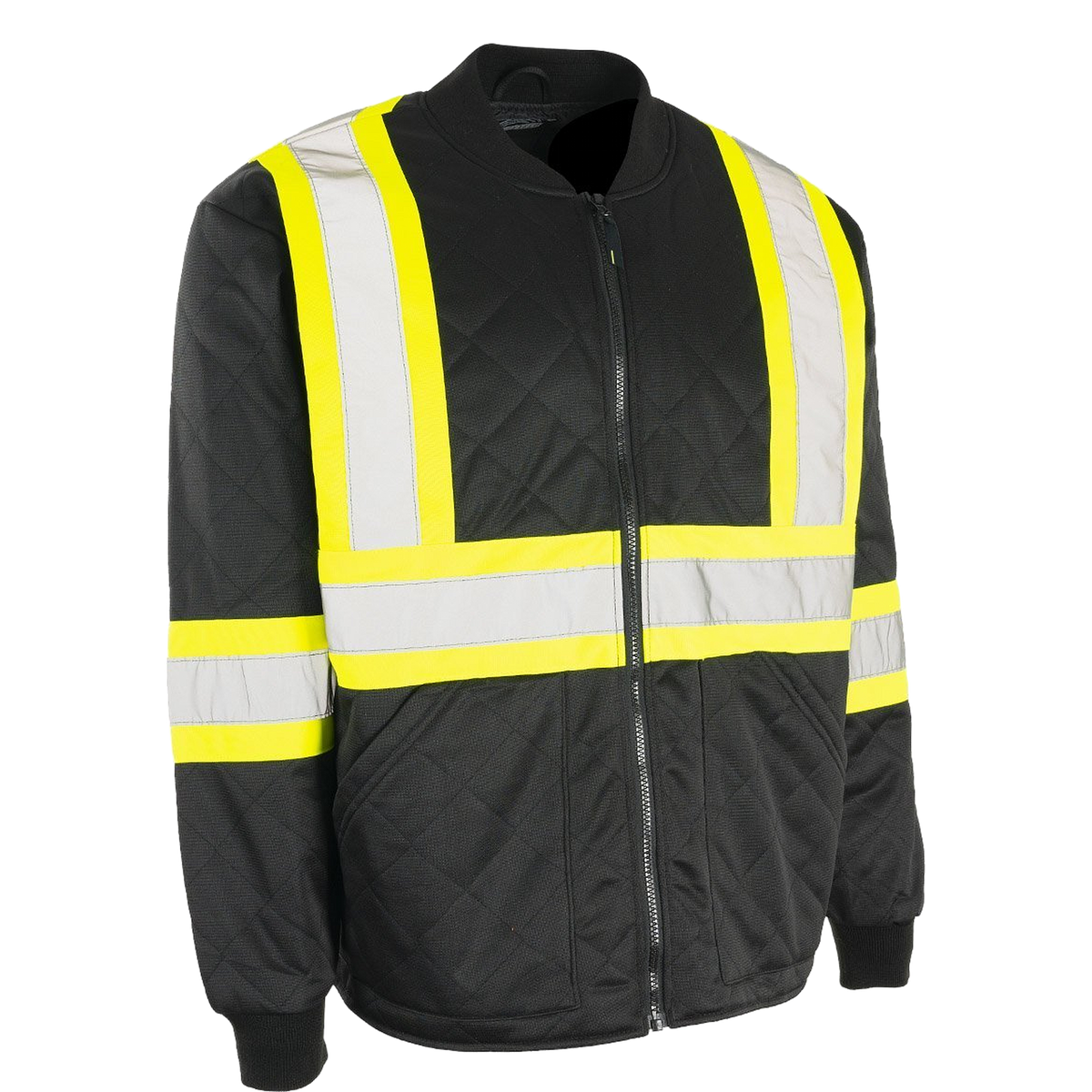 Black insulated hi-viz freezer jacket with lime and silver reflective stripes