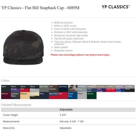 Flat Bill Cap - Yupoong 6089M - Snapback Headband - Leatherwood Trading Post